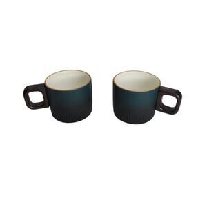 Dark Green 2 oz Ceramic Espresso Cups Set of 2  Wooden Handle New